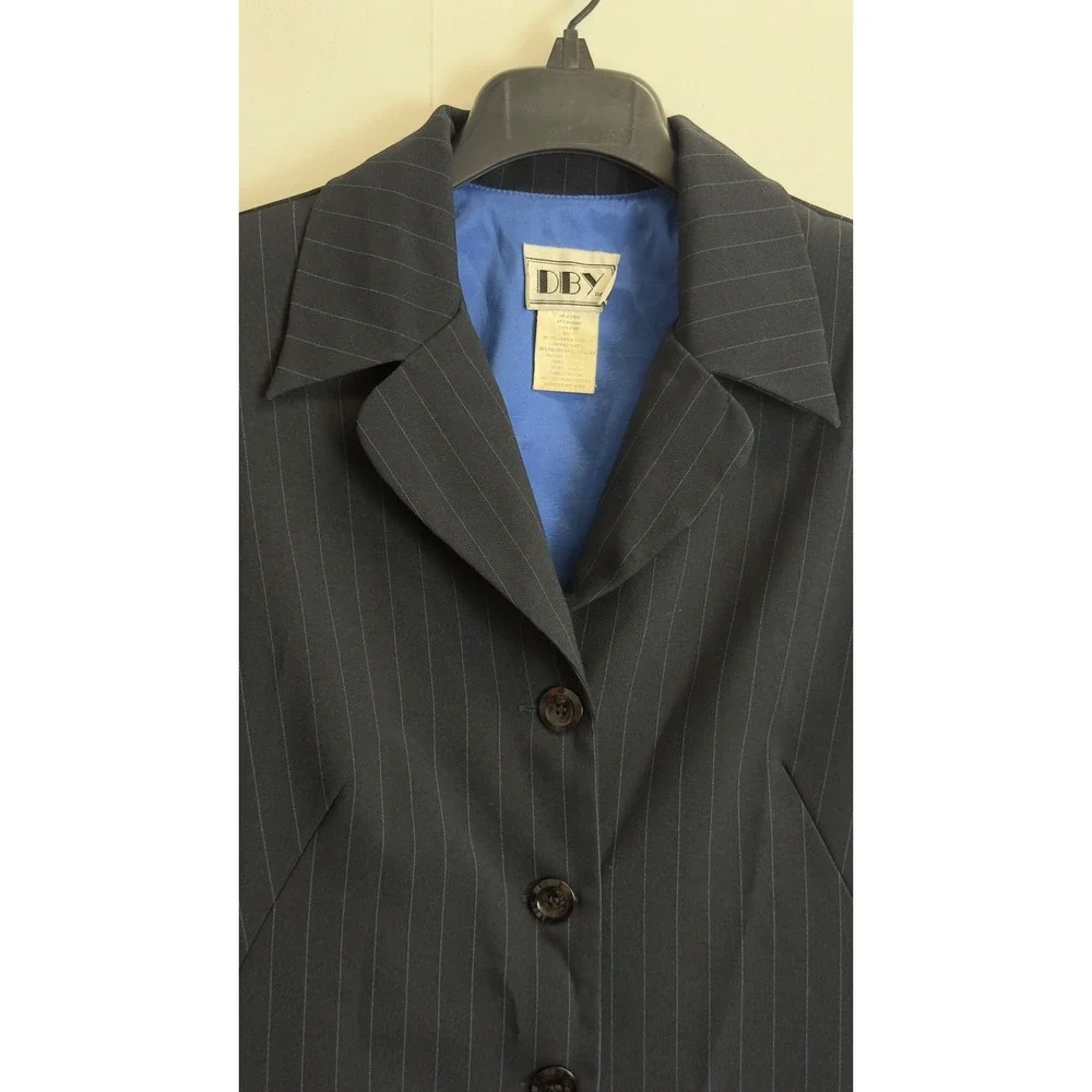 DBY Ltd Vintage Womens Pinstripe Longline Blazer and Pants Suit Set Navy Blue 7